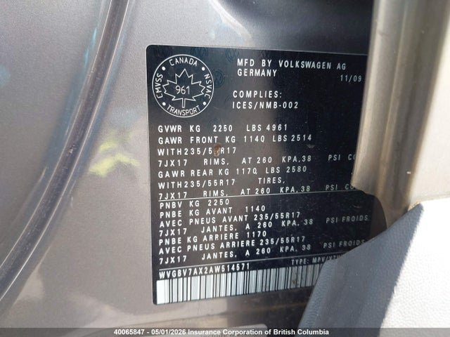 40065847 :رقم المزاد ، WVGBV7AX2AW514571 vin ، 2010 Volkswagen Tiguan Se/sel مزاد بيع