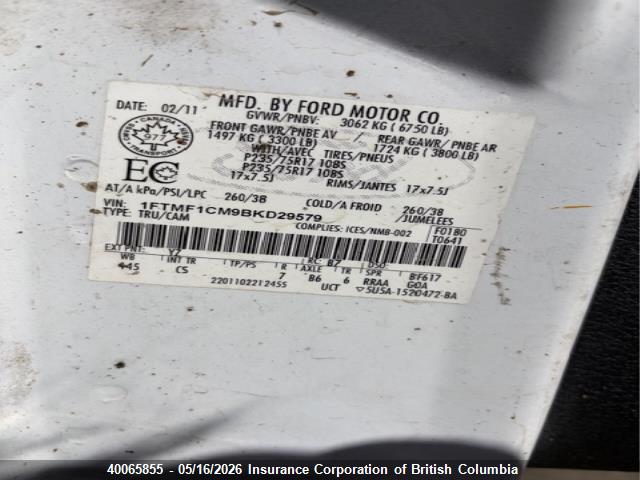 40065855 :رقم المزاد ، 1FTMF1CM9BKD29579 vin ، 2011 Ford F150 مزاد بيع