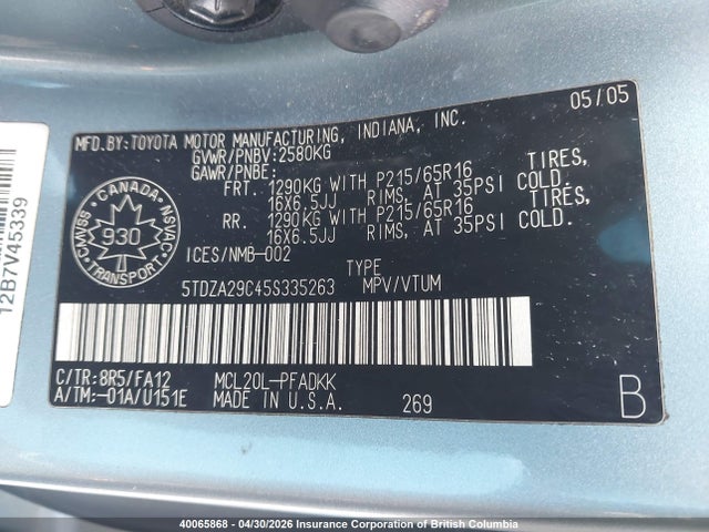 40065868 :رقم المزاد ، 5TDZA29C45S335263 vin ، 2005 Toyota Sienna Ce مزاد بيع