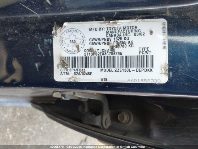 40065870 :رقم المزاد ، 2T1BR32E83C706295 vin ، 2003 Toyota Corolla Ce/le/s مزاد بيع