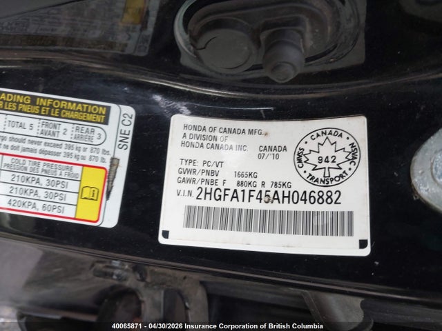 Aukcja sprzedaży 2010 Honda Civic, vin: 2HGFA1F45AH046882, numer aukcji: 40065871