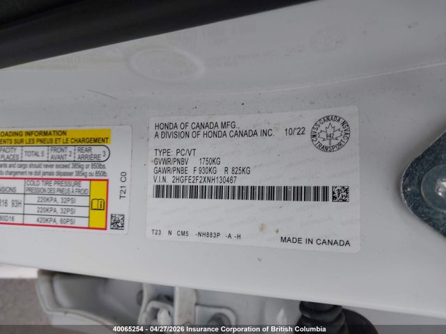 Aukcja sprzedaży 2022 Honda Civic Lx, vin: 2HGFE2F2XNH130467, numer aukcji: 40065254