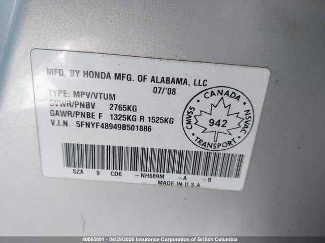 Aukcja sprzedaży 2009 Honda Pilot, vin: 5FNYF48949B501886, numer aukcji: 40065891