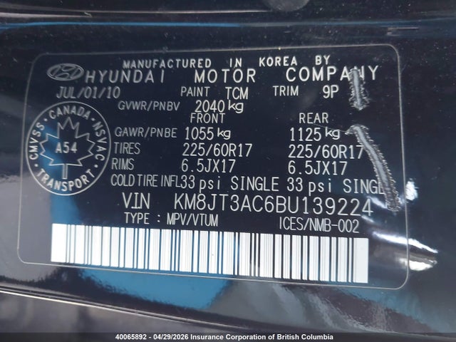 Aukcja sprzedaży 2011 Hyundai Tucson Gl/gls, vin: KM8JT3AC6BU139224, numer aukcji: 40065892