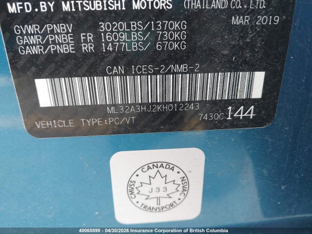 Aukcja sprzedaży 2019 Mitsubishi Mirage Es/es Limited, vin: ML32A3HJ2KH012243, numer aukcji: 40065898