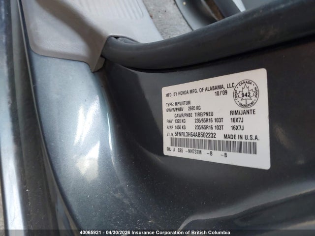 Aukcja sprzedaży 2010 Honda Odyssey Ex-l/touring, vin: 5FNRL3H64AB502232, numer aukcji: 40065921