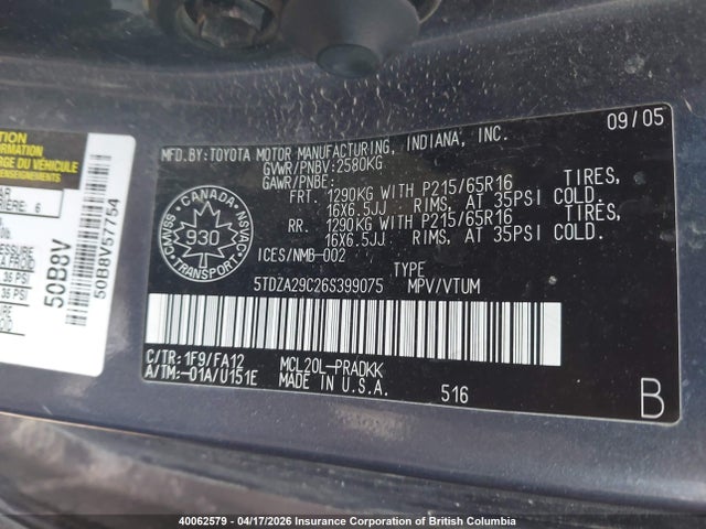 2006 Toyota Sienna Ce მანქანა იყიდება აუქციონზე, vin: 5TDZA29C26S399075, აუქციონის ნომერი: 40062579