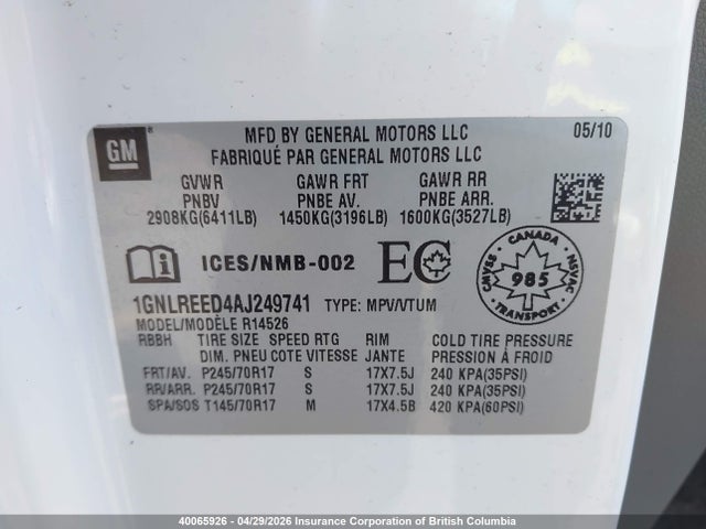 2010 Chevrolet Traverse Ls მანქანა იყიდება აუქციონზე, vin: 1GNLREED4AJ249741, აუქციონის ნომერი: 40065926