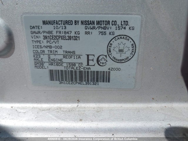 3N1CE2CPXEL391321 Nissan Versa
