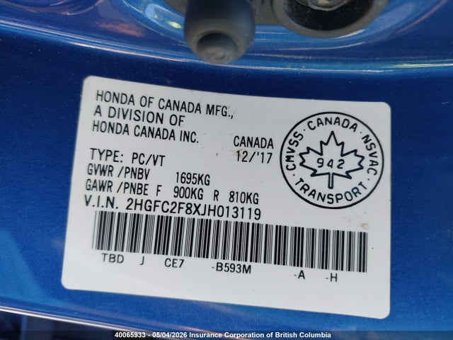 Aukcja sprzedaży 2018 Honda Civic, vin: 2HGFC2F8XJH013119, numer aukcji: 40065933