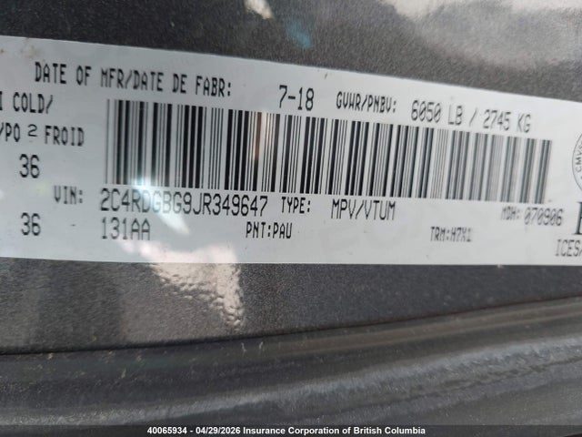 2C4RDGBG9JR349647 Dodge Grand Caravan Cvp/sxt