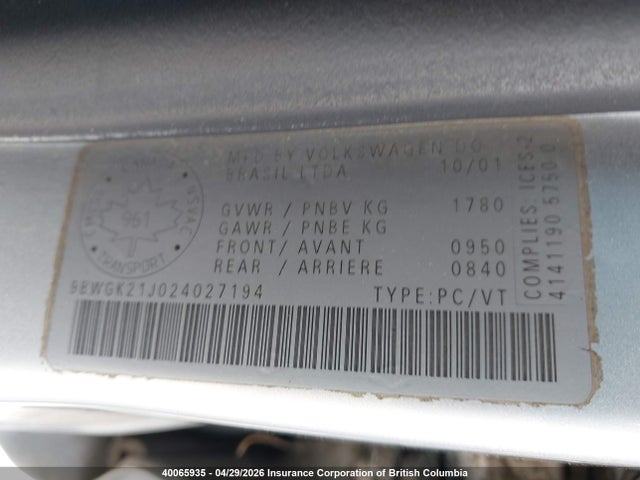 Aukcja sprzedaży 2002 Volkswagen Golf, vin: 9BWGK21J024027194, numer aukcji: 40065935
