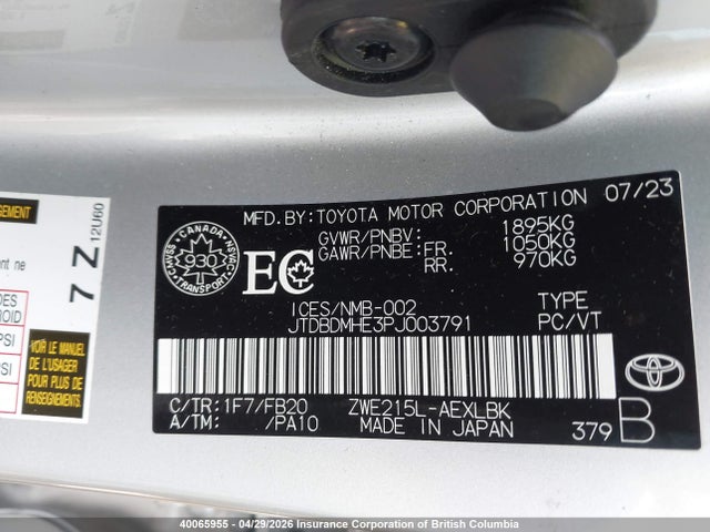 2023 Toyota Corolla Hybrid Le მანქანა იყიდება აუქციონზე, vin: JTDBDMHE3PJ003791, აუქციონის ნომერი: 40065955