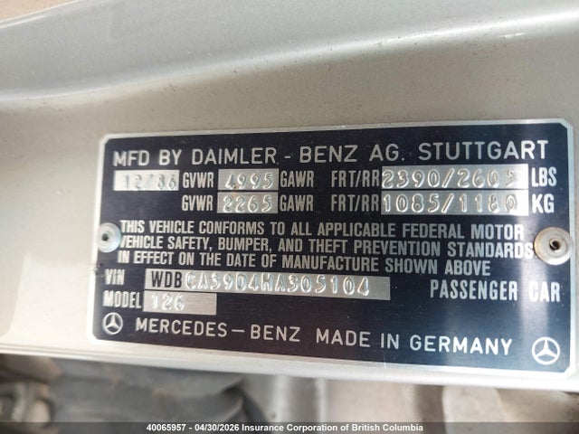Продаж на аукціоні авто 1987 Mercedes-benz 560 Sel, vin: WDBCA39D4HA305104, номер лоту: 40065957