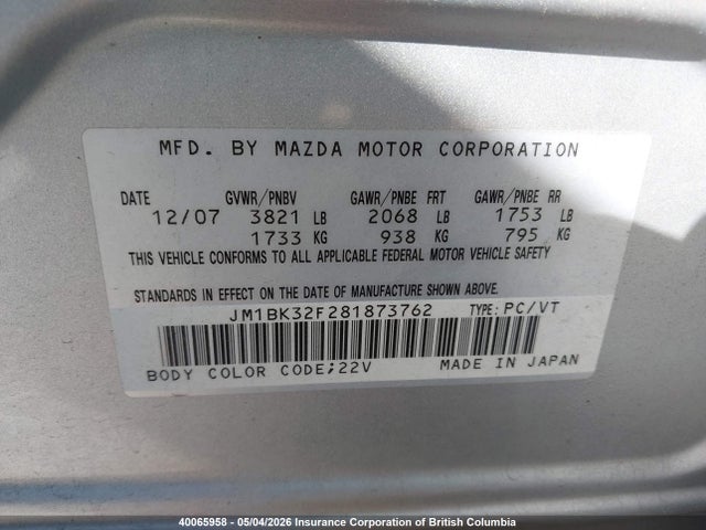 2008 Mazda 3 I მანქანა იყიდება აუქციონზე, vin: JM1BK32F281873762, აუქციონის ნომერი: 40065958