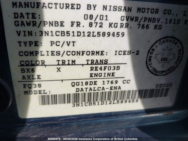 Продажа на аукционе авто 2002 Nissan Sentra Xe/gxe, vin: 3N1CB51D12L589459, номер лота: 40065979