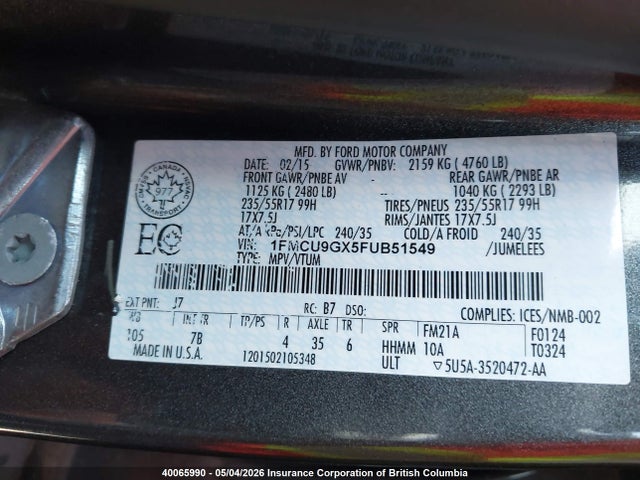 40065990 :رقم المزاد ، 1FMCU9GX5FUB51549 vin ، 2015 Ford Escape Se مزاد بيع