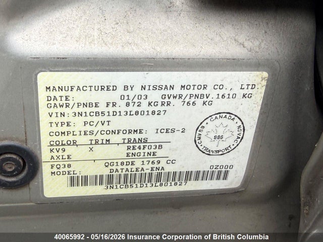 Продажа на аукционе авто 2003 Nissan Sentra Xe/gxe, vin: 3N1CB51D13L801827, номер лота: 40065992