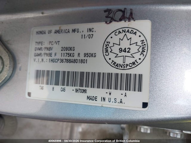 Aukcja sprzedaży 2008 Honda Accord Ex V6, vin: 1HGCP36788A801801, numer aukcji: 40065996
