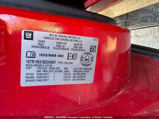 40066010 :رقم المزاد ، 1GTR1VE01BZ243907 vin ، 2011 Gmc Sierra C1500 Sle مزاد بيع