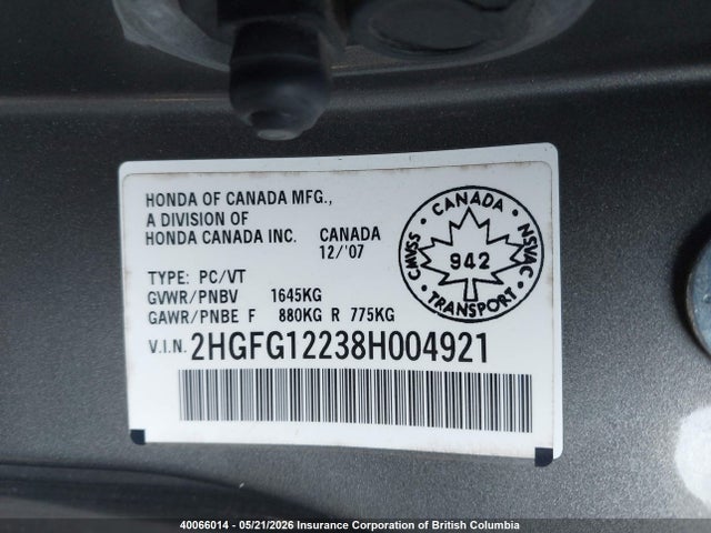 Aukcja sprzedaży 2008 Honda Civic, vin: 2HGFG12238H004921, numer aukcji: 40066014
