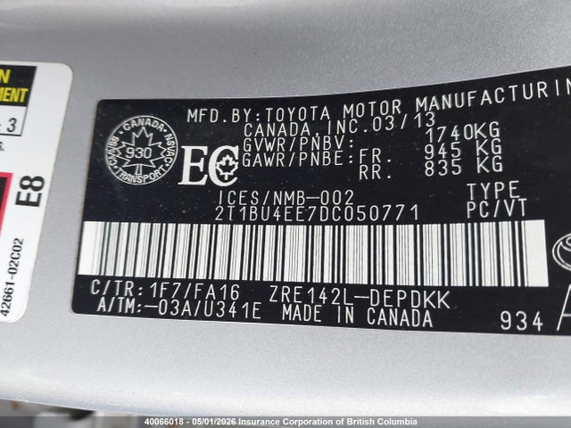 2013 Toyota Corolla Ce მანქანა იყიდება აუქციონზე, vin: 2T1BU4EE7DC050771, აუქციონის ნომერი: 40066018