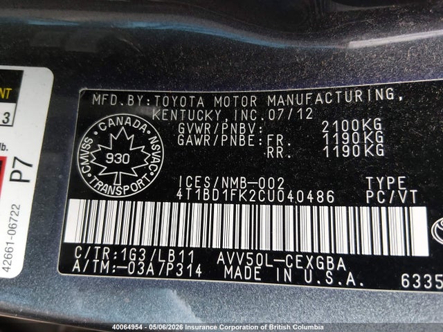40064954 :رقم المزاد ، 4T1BD1FK2CU040486 vin ، 2012 Toyota Camry Hybrid/le/xle مزاد بيع