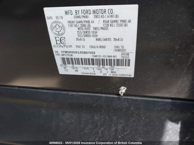 1FM5K8D83JGB01052 Ford EXPLORER XLT