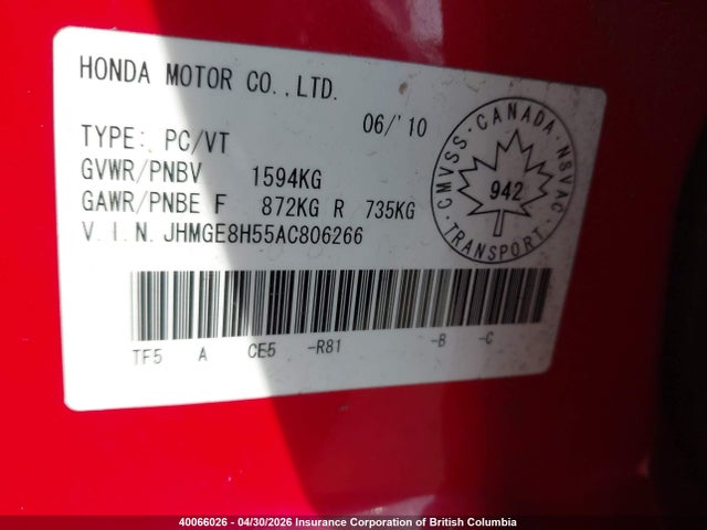 Aukcja sprzedaży 2010 Honda Fit, vin: JHMGE8H55AC806266, numer aukcji: 40066026