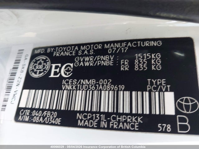 40066029 :رقم المزاد ، VNKKTUD36JA089619 vin ، 2018 Toyota Yaris مزاد بيع
