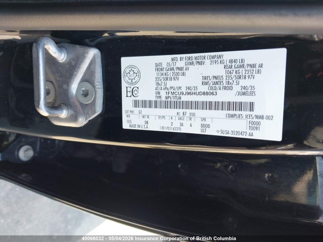 40066032 :رقم المزاد ، 1FMCU9J96HUD88063 vin ، 2017 Ford Escape Titanium مزاد بيع
