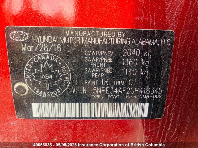 2016 Hyundai Sonata Sport Tech მანქანა იყიდება აუქციონზე, vin: 5NPE34AF2GH416345, აუქციონის ნომერი: 40066035