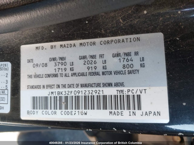Aukcja sprzedaży 2009 Mazda 3 I, vin: JM1BK32F091232921, numer aukcji: 40049285