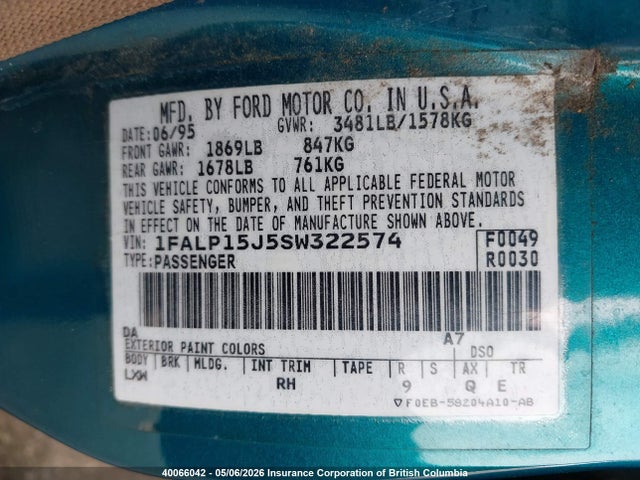 40066042 :رقم المزاد ، 1FALP15J5SW322574 vin ، 1995 Ford Escort Lx/sport مزاد بيع