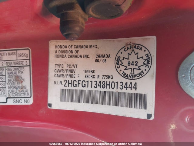 2008 Honda Civic მანქანა იყიდება აუქციონზე, vin: 2HGFG11348H013444, აუქციონის ნომერი: 40066063