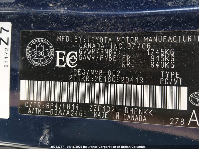 40053787 :رقم المزاد ، 2T1KR32E16C620413 vin ، 2006 Toyota Corolla Matrix Xr مزاد بيع