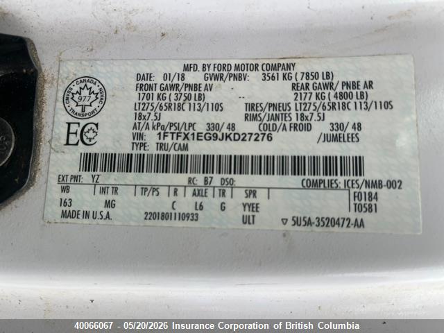 2018 Ford F150 მანქანა იყიდება აუქციონზე, vin: 1FTFX1EG9JKD27276, აუქციონის ნომერი: 40066067