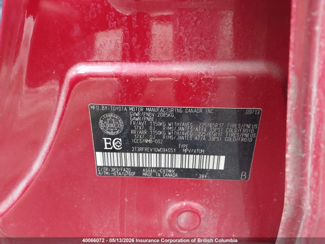 40066072 :رقم المزاد ، 2T3RFREV1DW094051 vin ، 2013 Toyota Rav4 مزاد بيع