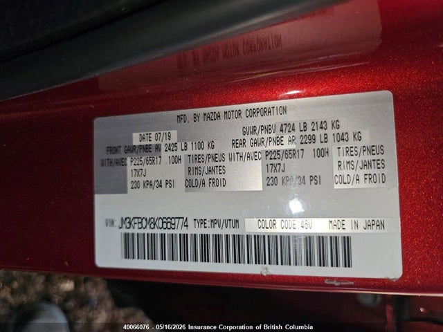 40066076 :رقم المزاد ، JM3KFBCM8K0669774 vin ، 2019 Mazda Cx-5 مزاد بيع