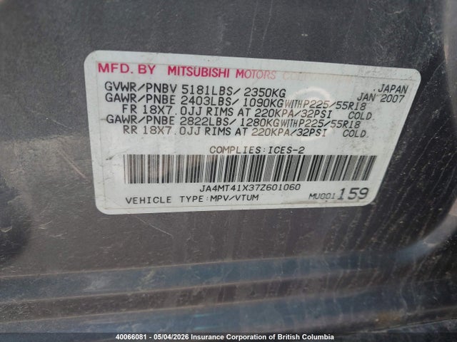 Aukcja sprzedaży 2007 Mitsubishi Outlander Xls, vin: JA4MT41X37Z601060, numer aukcji: 40066081