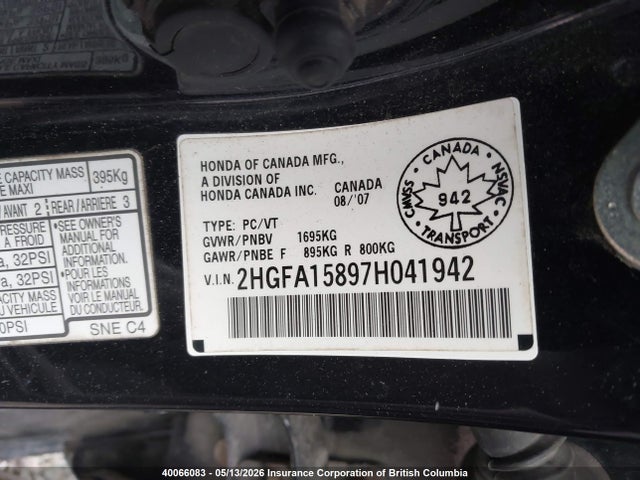 40066083 :رقم المزاد ، 2HGFA15897H041942 vin ، 2007 Honda Civic مزاد بيع