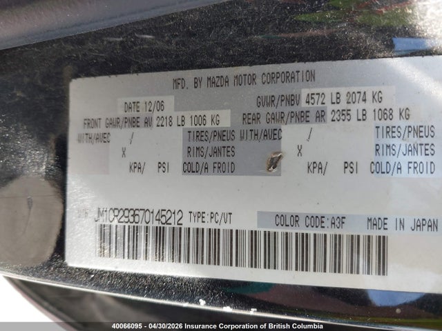 40066095 :رقم المزاد ، JM1CR293670145212 vin ، 2007 Mazda 5 مزاد بيع