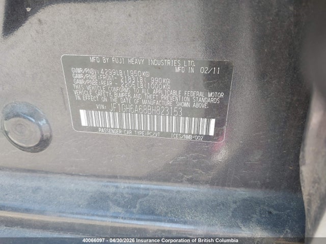 Aukcja sprzedaży 2011 Subaru Impreza 2.5i, vin: JF1GH6A68BH823153, numer aukcji: 40066097