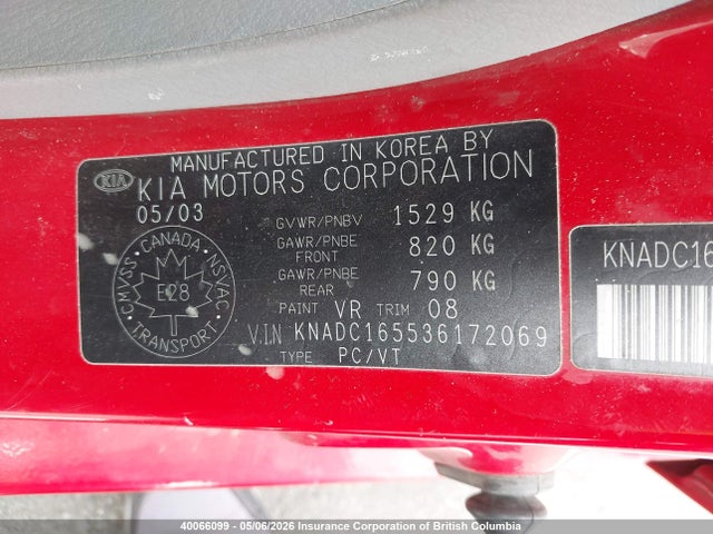 40066099 :رقم المزاد ، KNADC165536172069 vin ، 2003 Kia Rio مزاد بيع