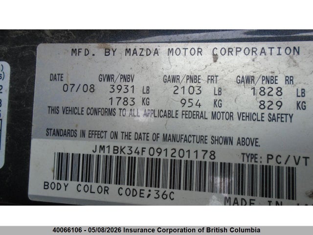Продажа на аукционе авто 2009 Mazda 3 I, vin: JM1BK34F091201178, номер лота: 40066106