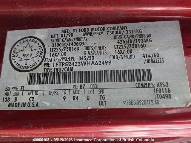 Продажа на аукционе авто 1998 Ford E-series, vin: 1FTPS2423WHA62499, номер лота: 40066108