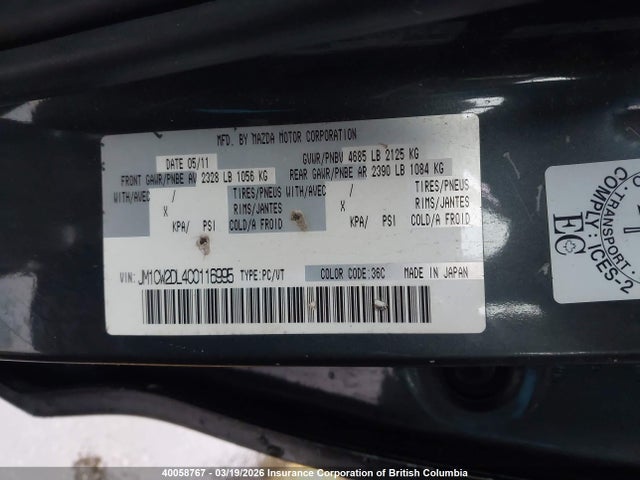 Aukcja sprzedaży 2012 Mazda 5, vin: JM1CW2DL4C0116995, numer aukcji: 40058767
