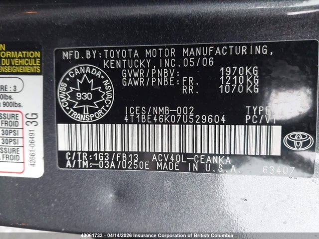 40061733 :رقم المزاد ، 4T1BE46K07U529604 vin ، 2007 Toyota Camry Ce/le/xle/se مزاد بيع