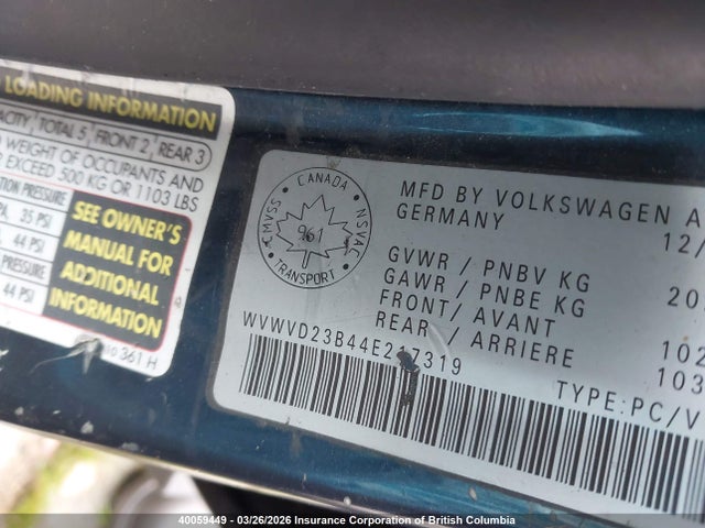 Продажа на аукционе авто 2004 Volkswagen Passat Gls/gls 4motion, vin: WVWVD23B44E217319, номер лота: 40059449