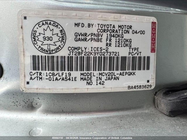 40066150 :رقم المزاد ، JT2BF22K9Y0273721 vin ، 2000 Toyota Camry مزاد بيع